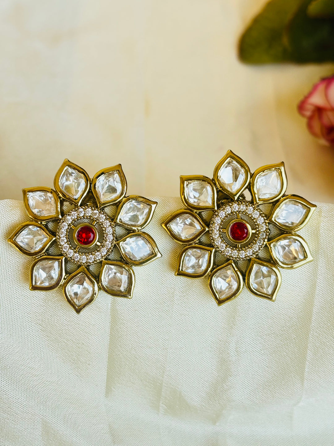 Maroon Floral Moissanite Polki Earrings