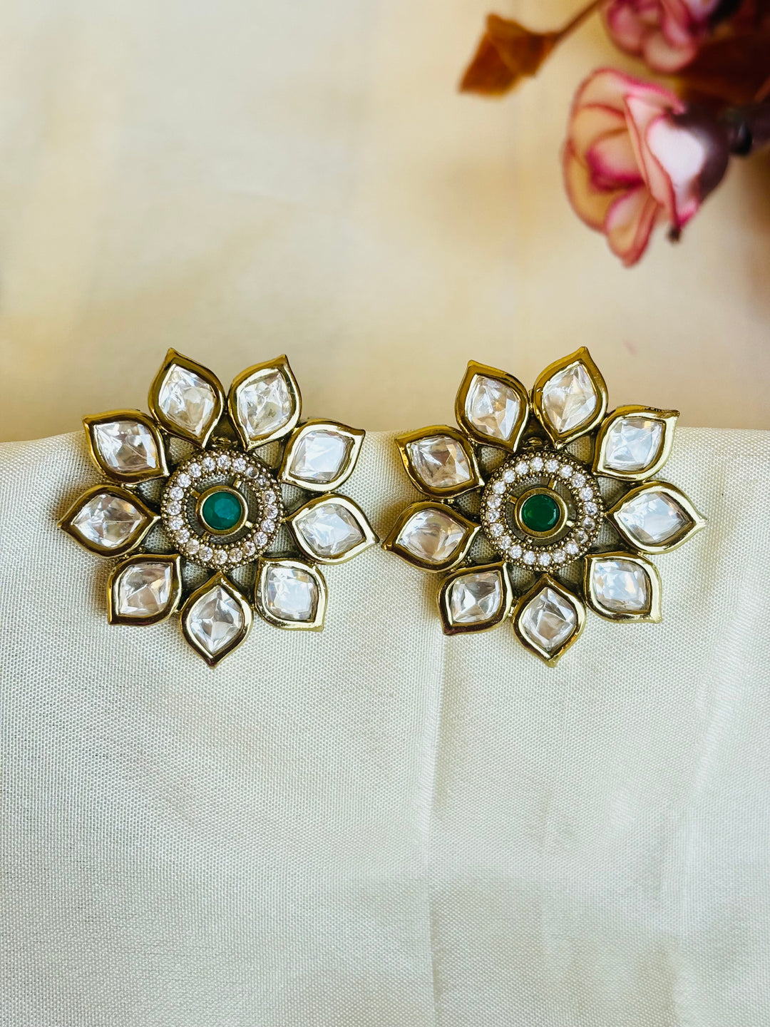 Green Floral Moissanite Polki Earrings