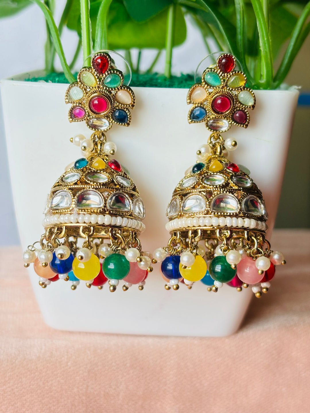 Multicoloured Kundan Jhumkas