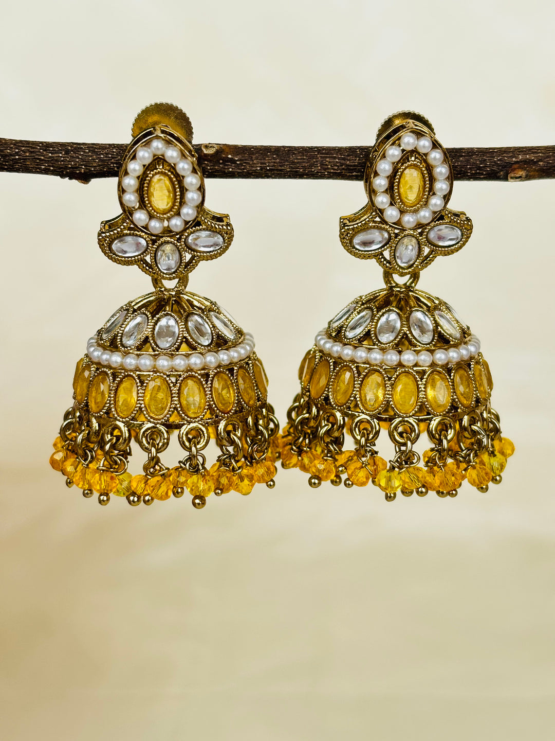 Mustard Yellow Kundan Jhumkas