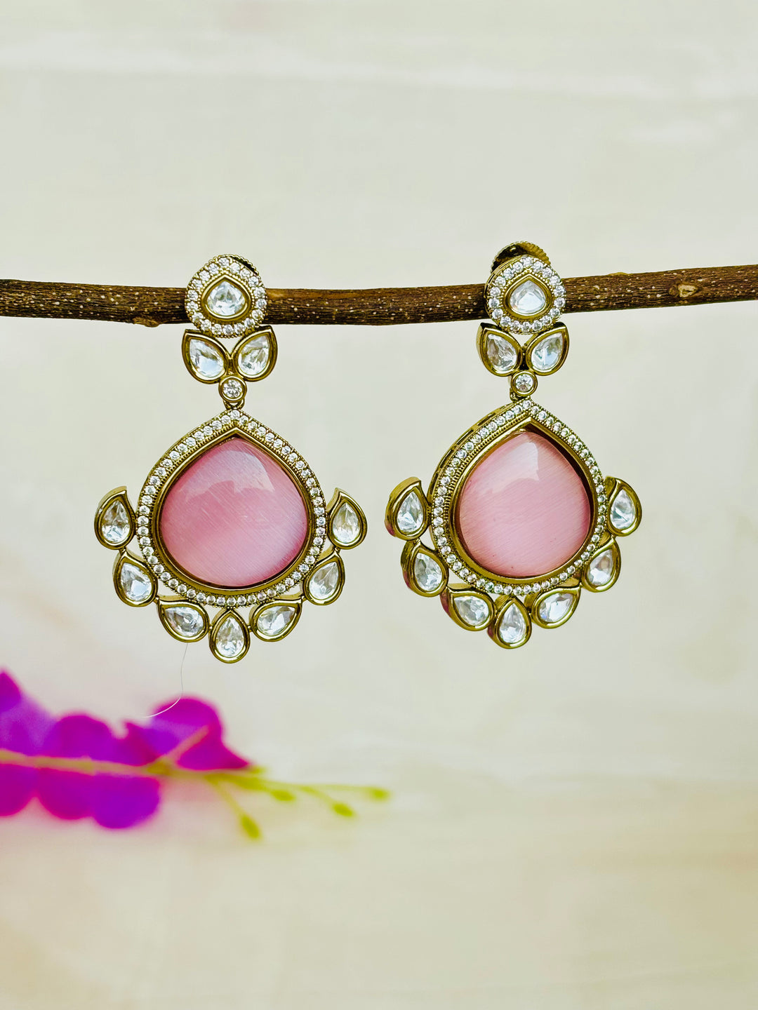 Baby pink Moissanite Polki Earrings