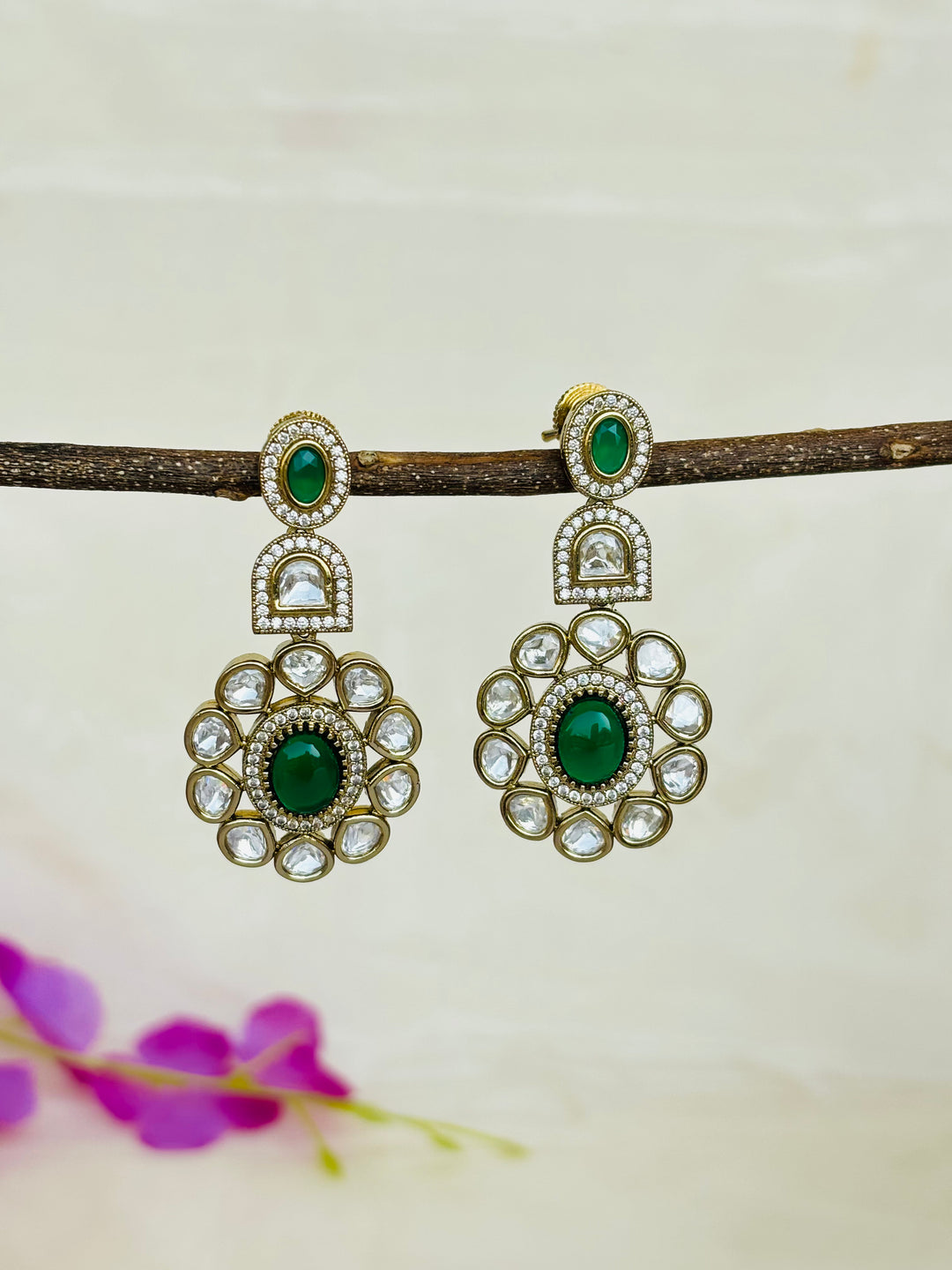 Green Moissanite Polki Earrings