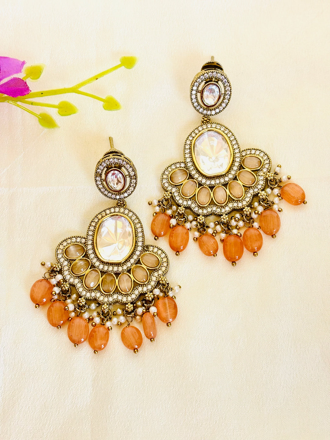 Coral Moissanite Polki Earrings