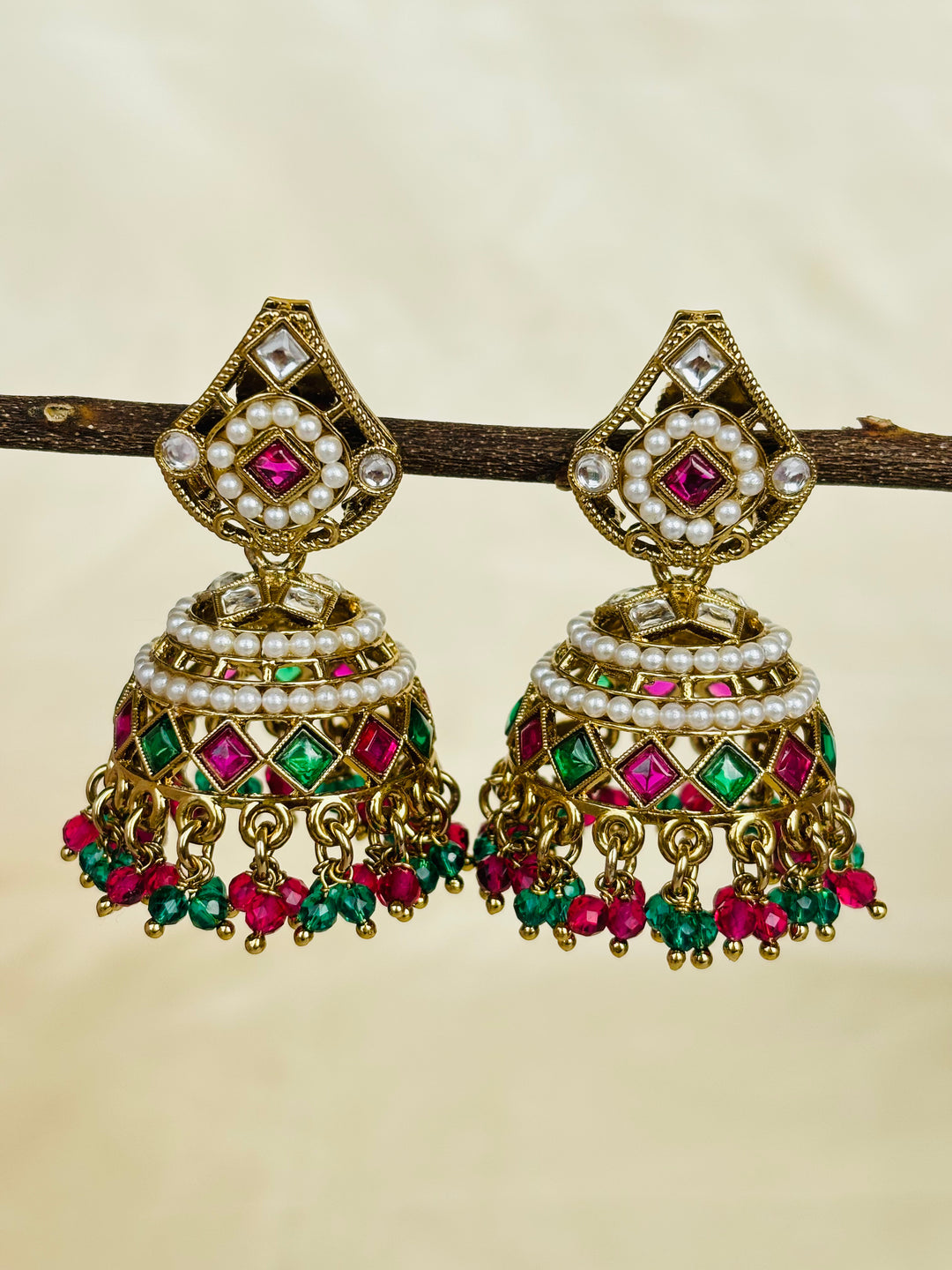 Green And Pink Kundan Jhumkis