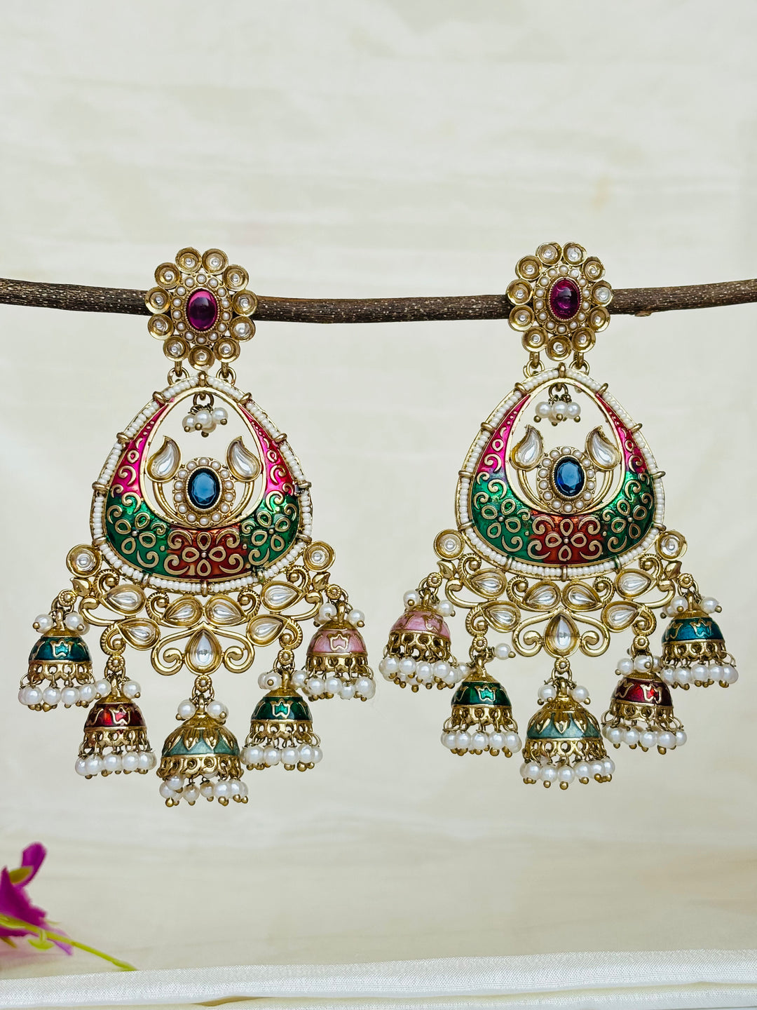 Pink and Green Meenakari Heeramandi Earrings