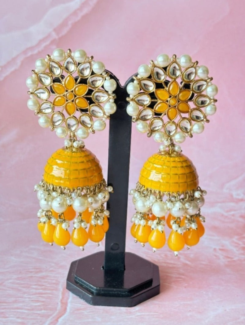 Yellow Kundan Pearl Jhumkas