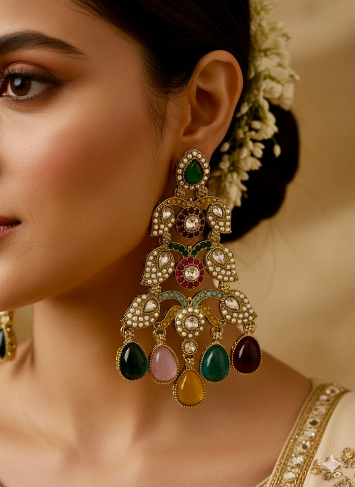 Multicoloured Kundan Morni Earrings