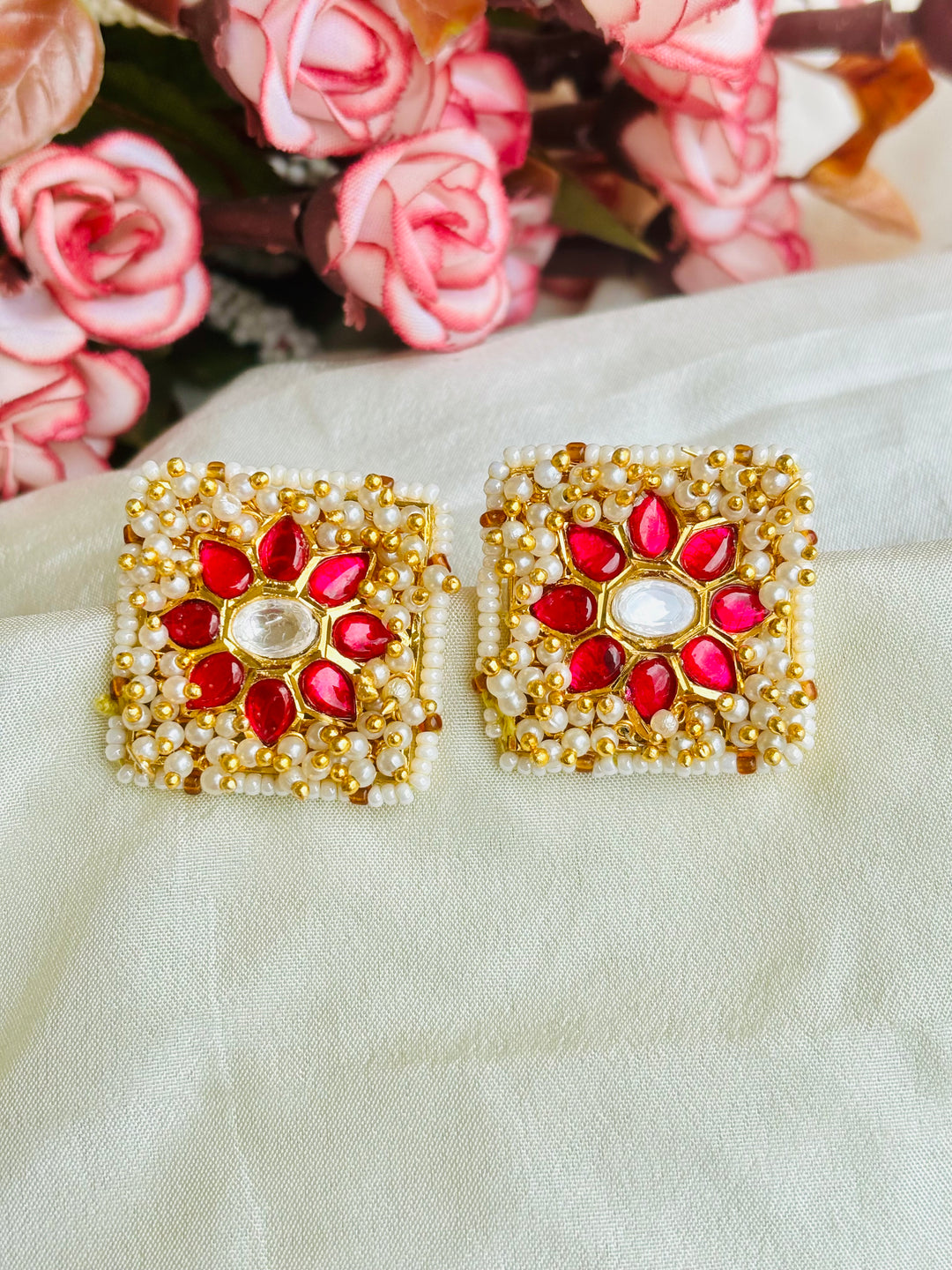 Floral Jadau Kundan Square Earrings
