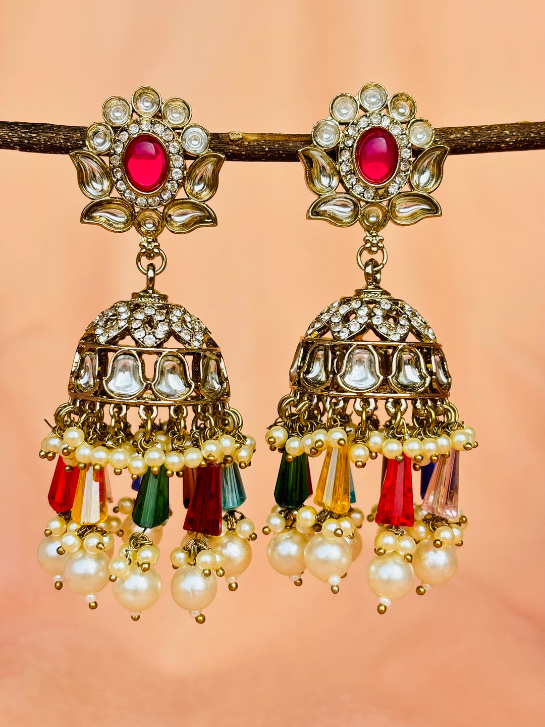 Pink Kundan Multicoloured beaded Jhumkas