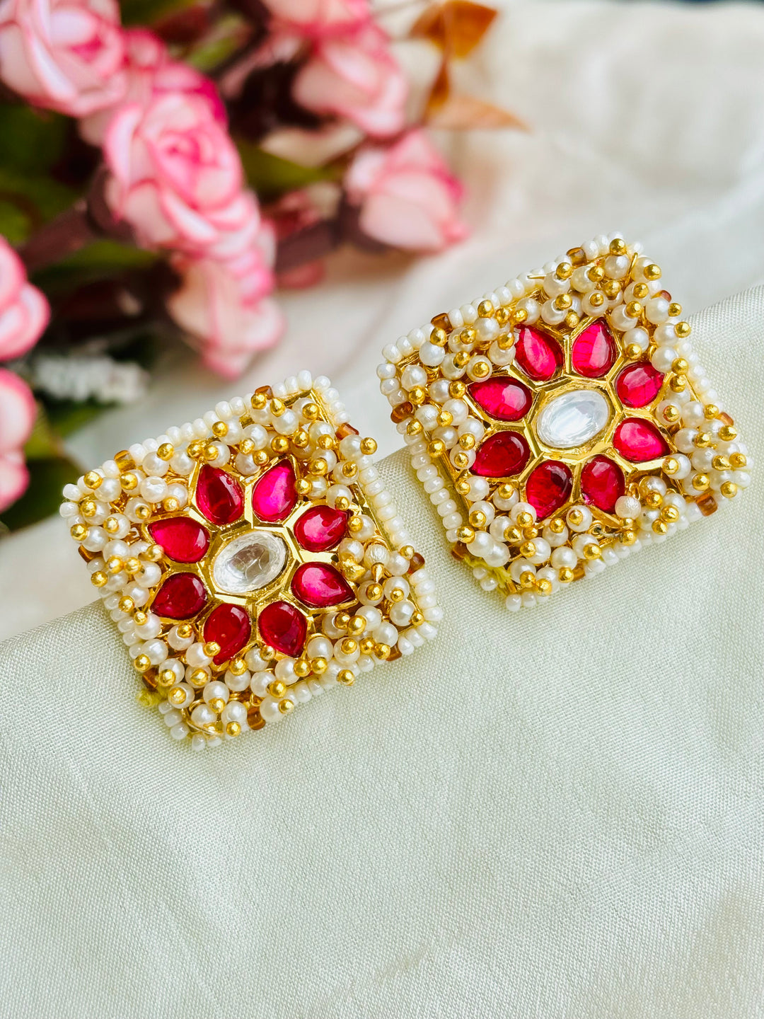Floral Jadau Kundan Square Earrings