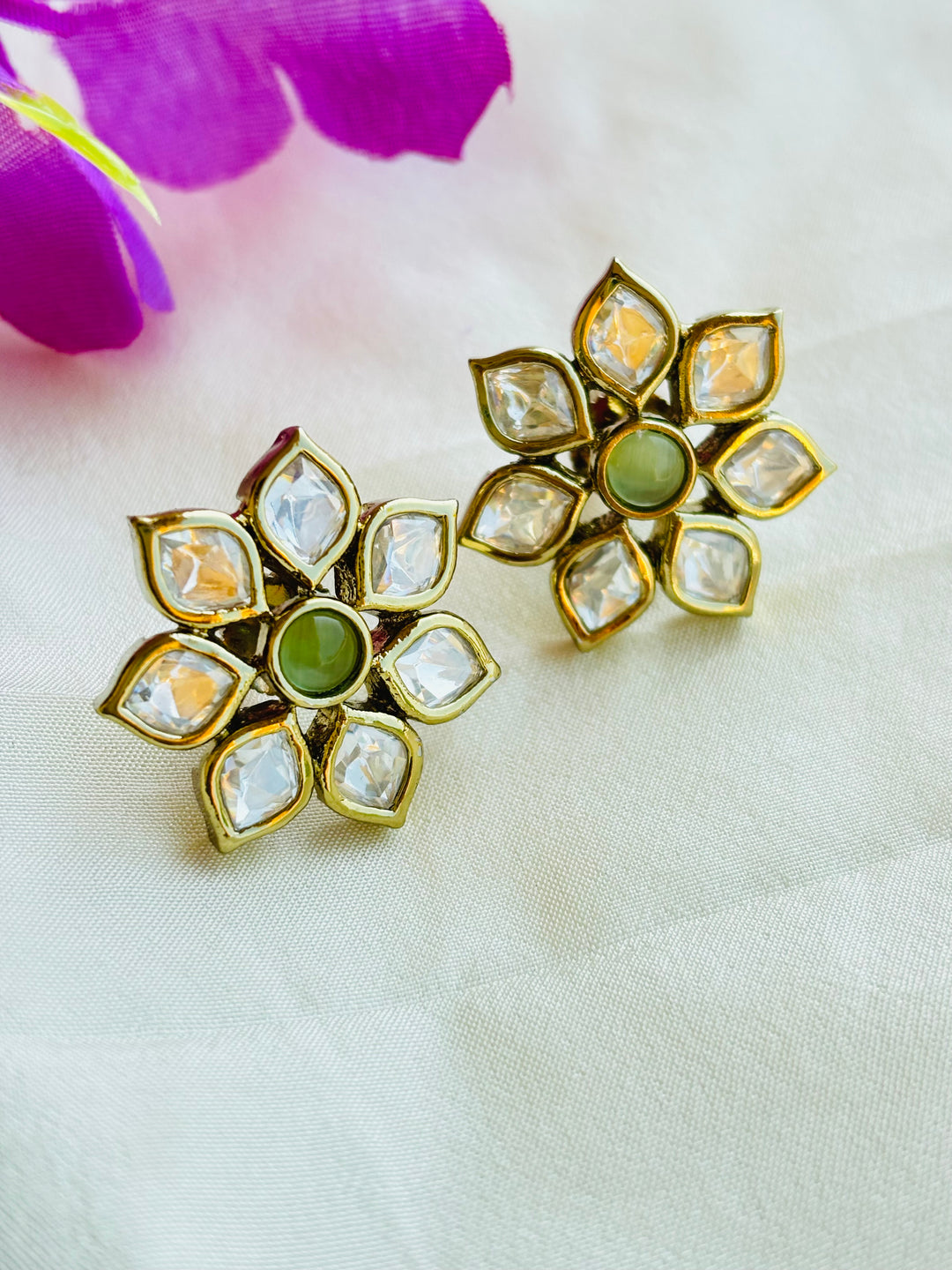 Mint Green Floral Moissanite Polki Earrings