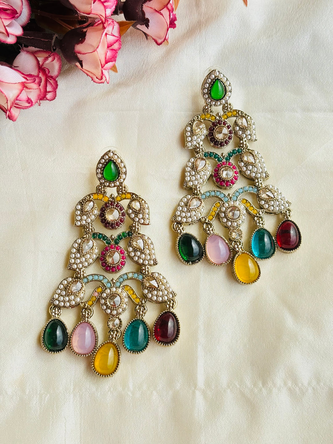 Multicoloured Kundan Morni Earrings