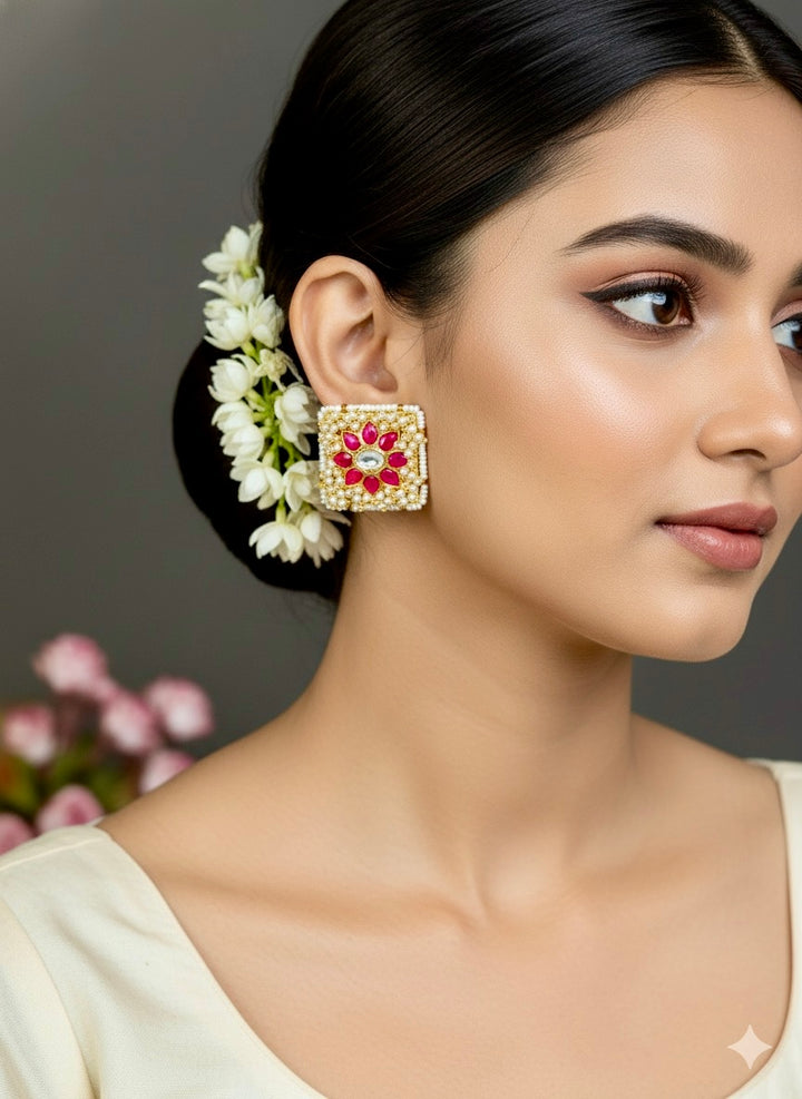 Floral Jadau Kundan Square Earrings