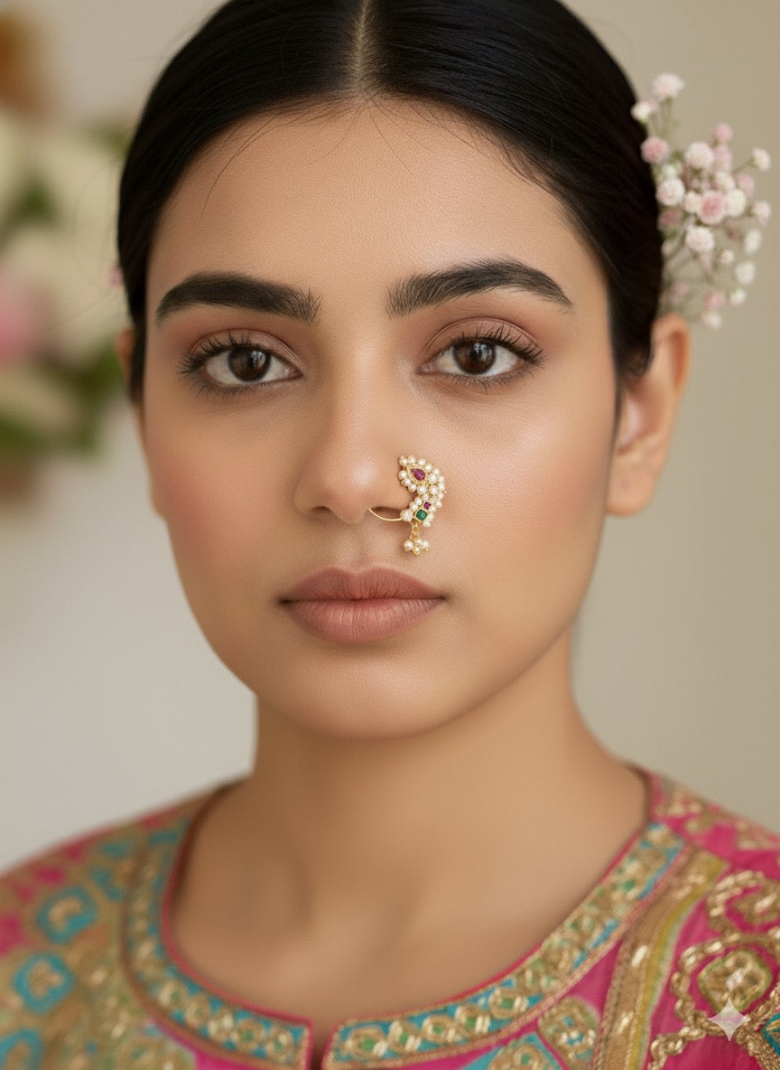 Pink and Green Kundan Nath (Pressing)
