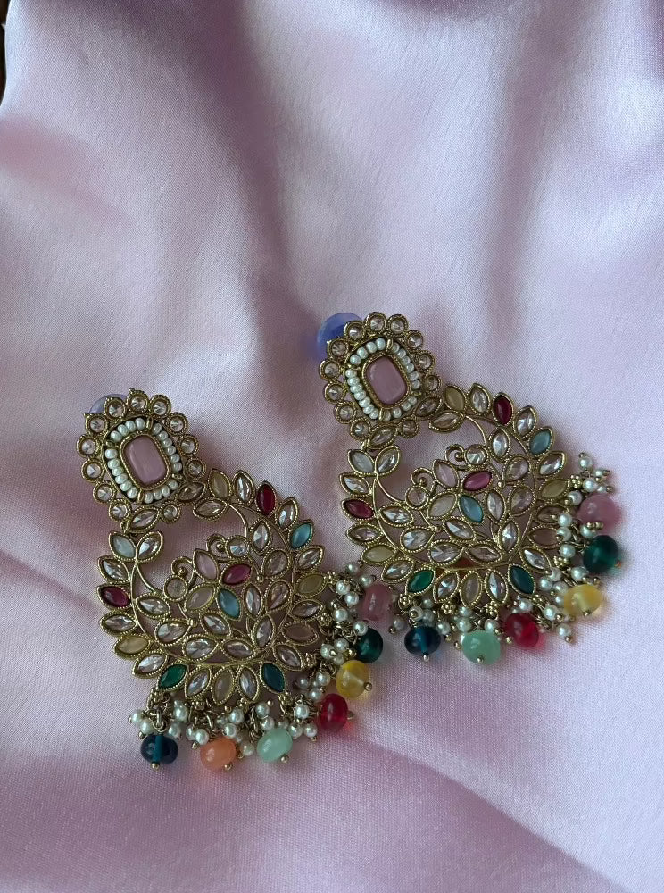 Multicolour beaded Kundan Chandbalis