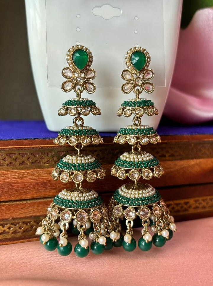 Step by Step Green Kundan Jhumkas