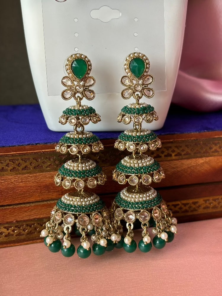 Step by Step Green Kundan Jhumkas