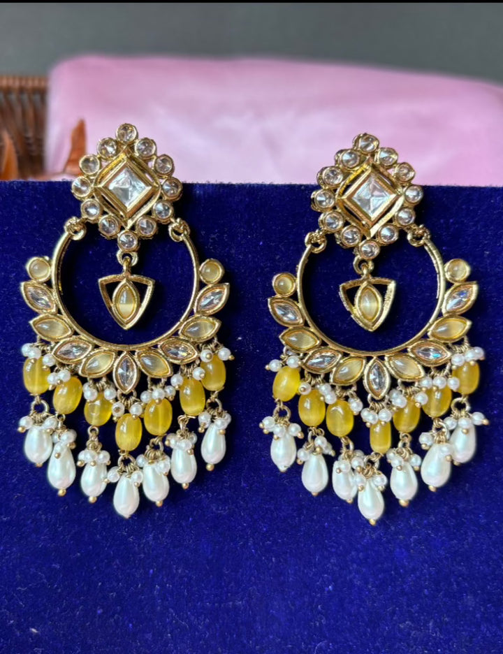 Lemon Yellow Kundan Chandbalis