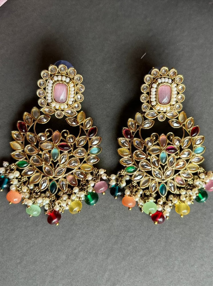 Multicolour beaded Kundan Chandbalis