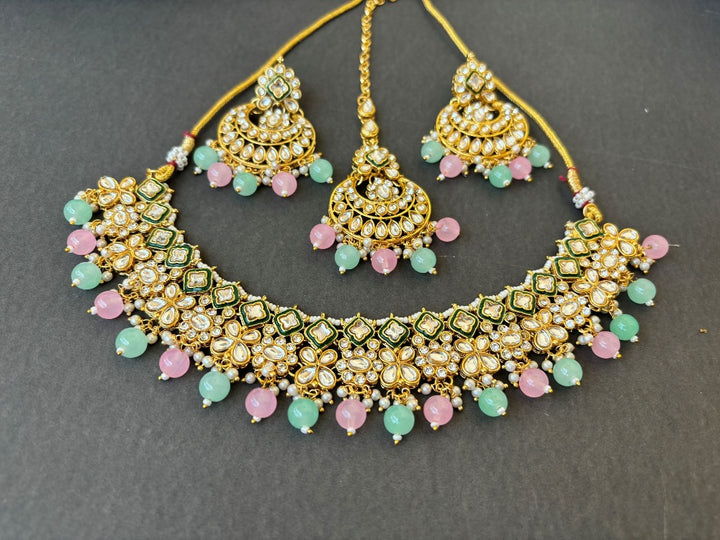 Mint and Pink beaded Kundan Necklace set