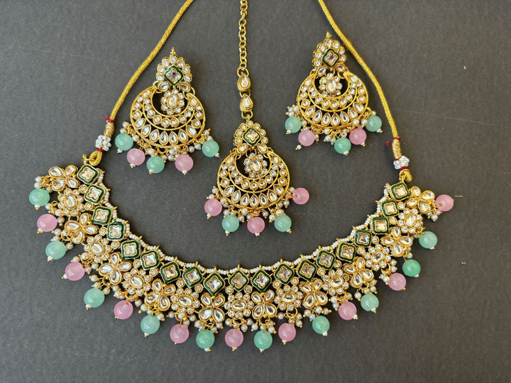 Mint and Pink beaded Kundan Necklace set