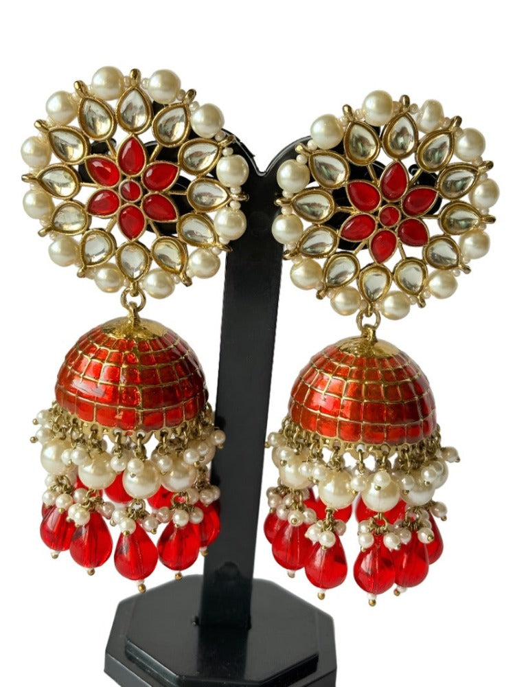 Orange Kundan Pearl Jhumkas