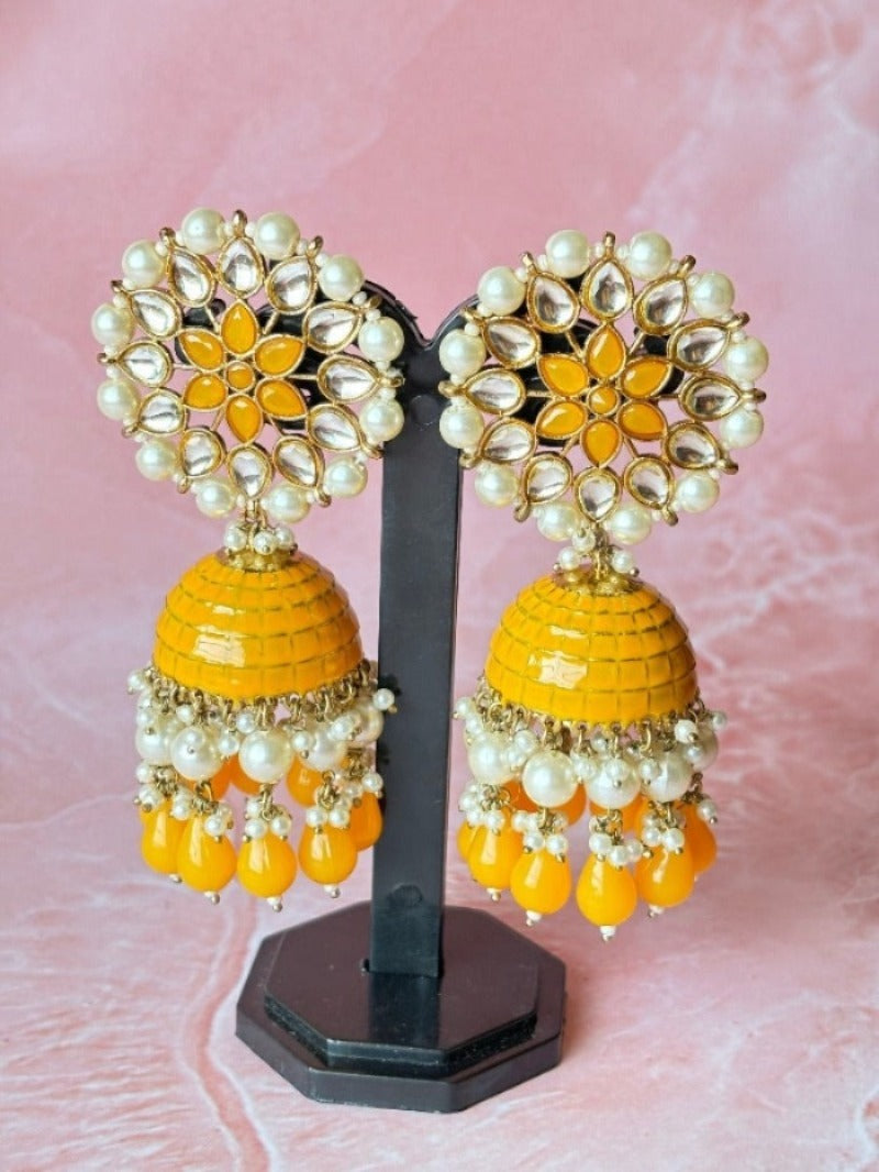 Yellow Kundan Pearl Jhumkas