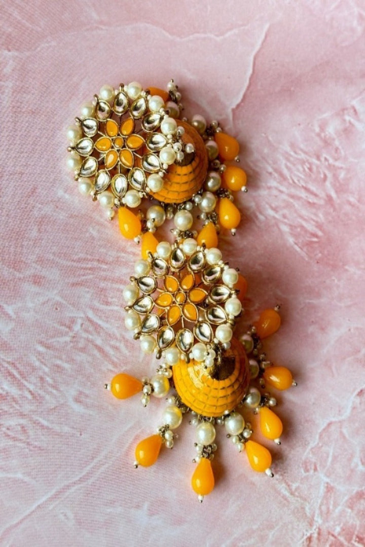 Yellow Kundan Pearl Jhumkas