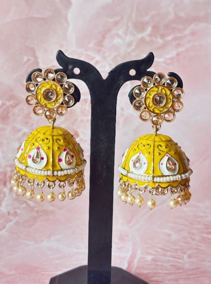 Lemon Yellow Meenakari Jhumkas