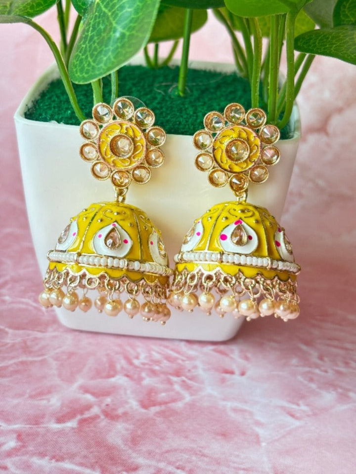 Lemon Yellow Meenakari Jhumkas