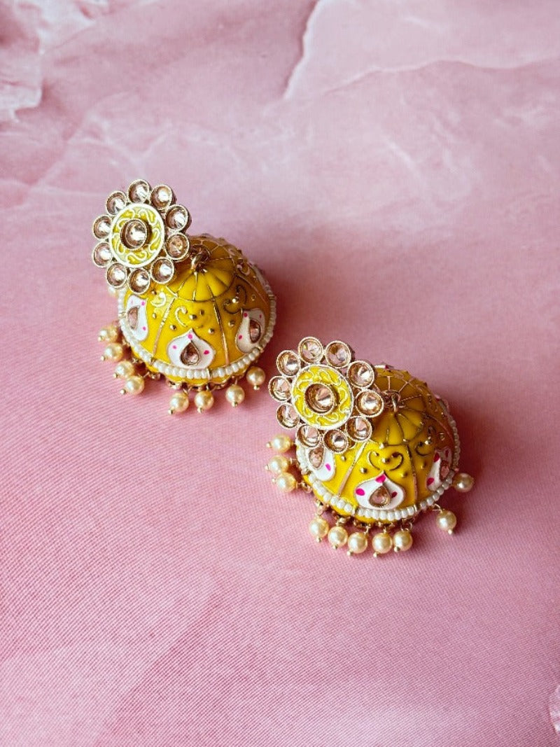 Lemon Yellow Meenakari Jhumkas