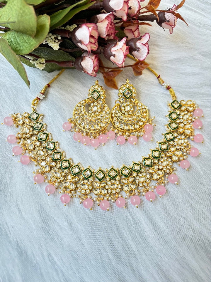 Light pink Beaded Kundan Necklace Set