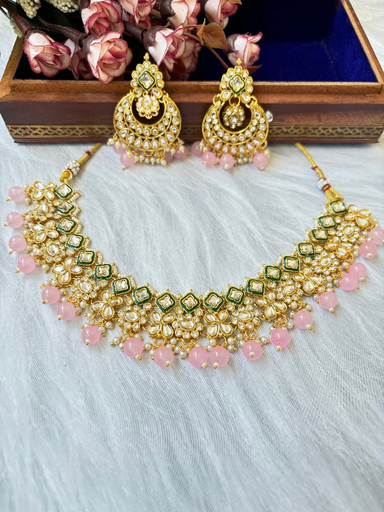 Light pink Beaded Kundan Necklace Set