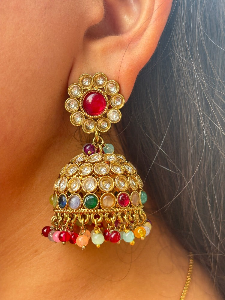 Multi coloured Kundan Jhumkis