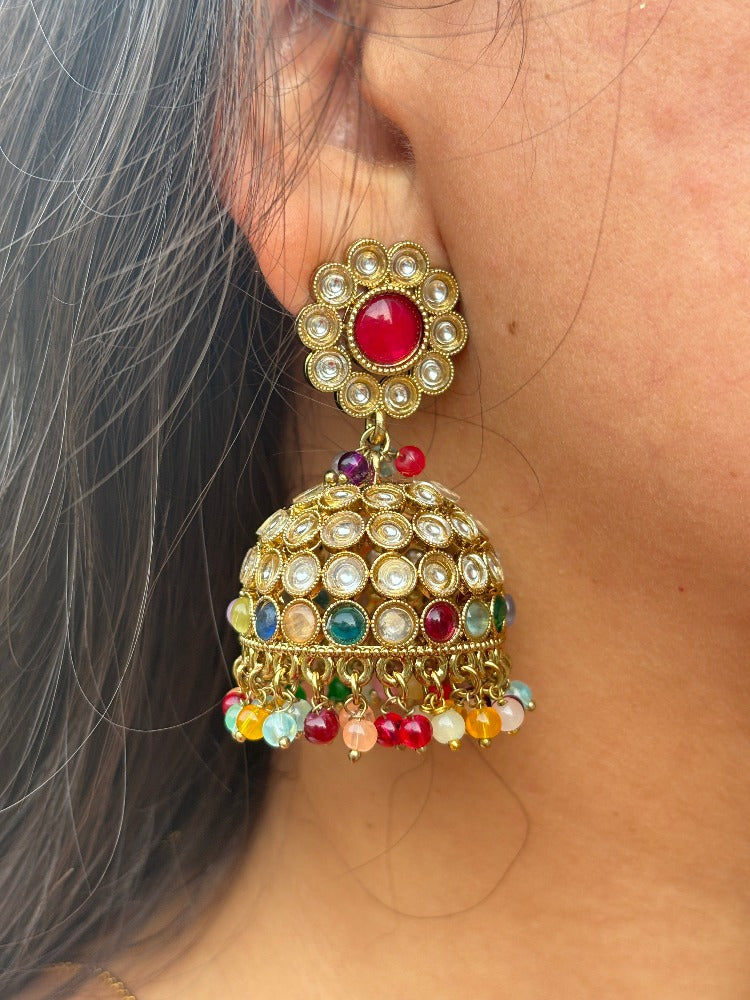 Multi coloured Kundan Jhumkis