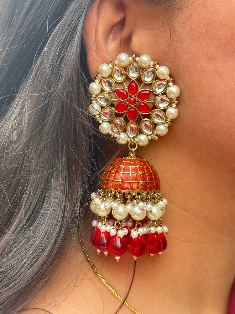 Orange Kundan Pearl Jhumkas