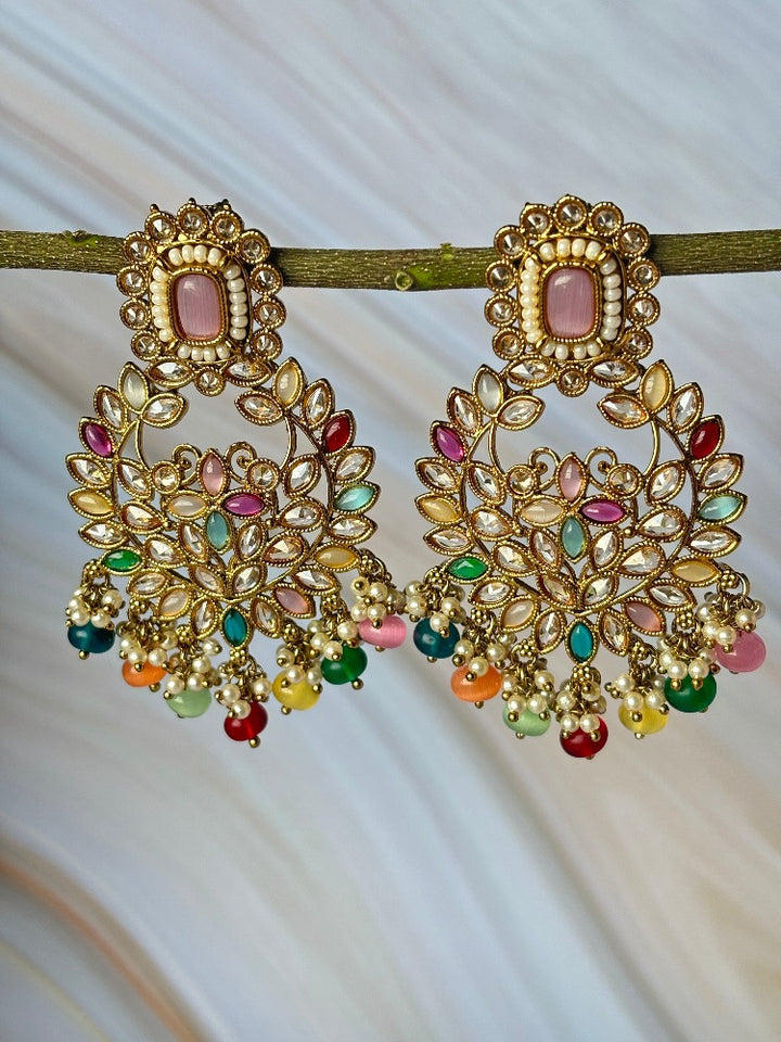 Multicolour beaded Kundan Chandbalis