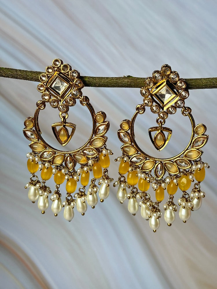 Lemon Yellow Kundan Chandbalis