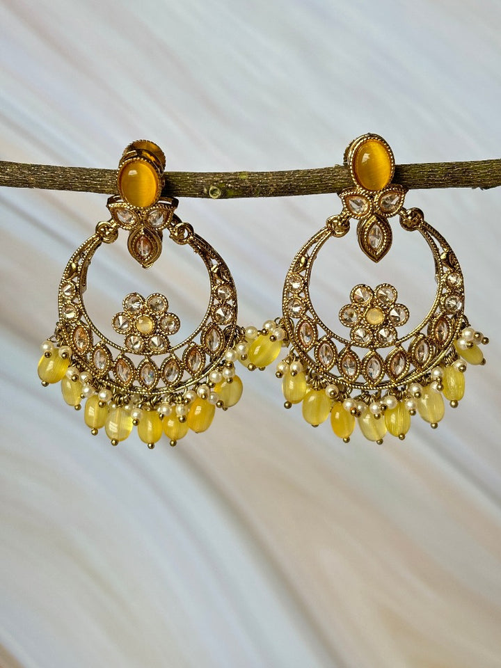 Yellow beaded American Diamond Earrings