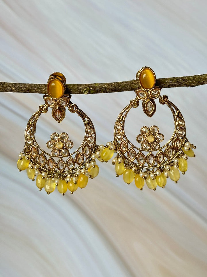 Yellow beaded American Diamond Earrings