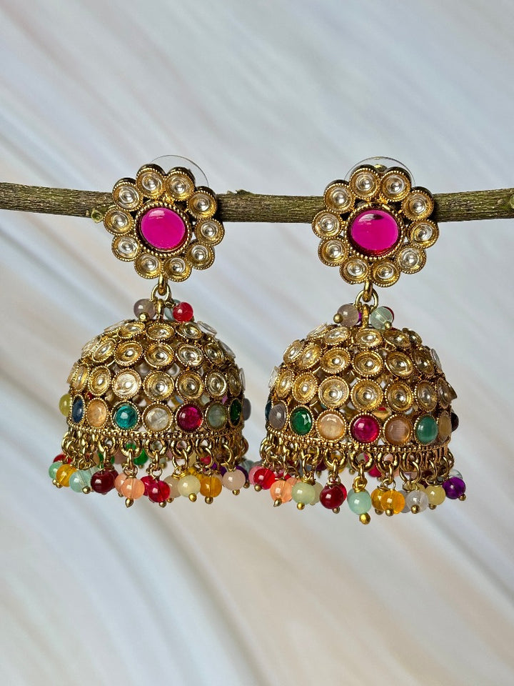 Multi coloured Kundan Jhumkis