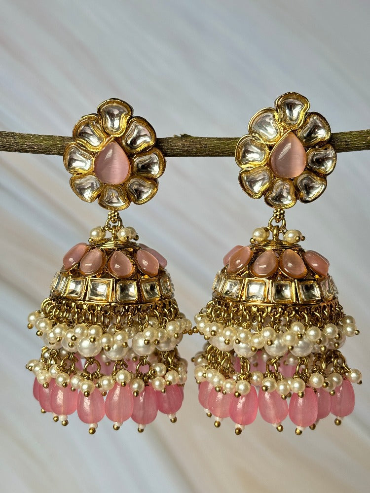 Baby Pink Kundan Jhumkas