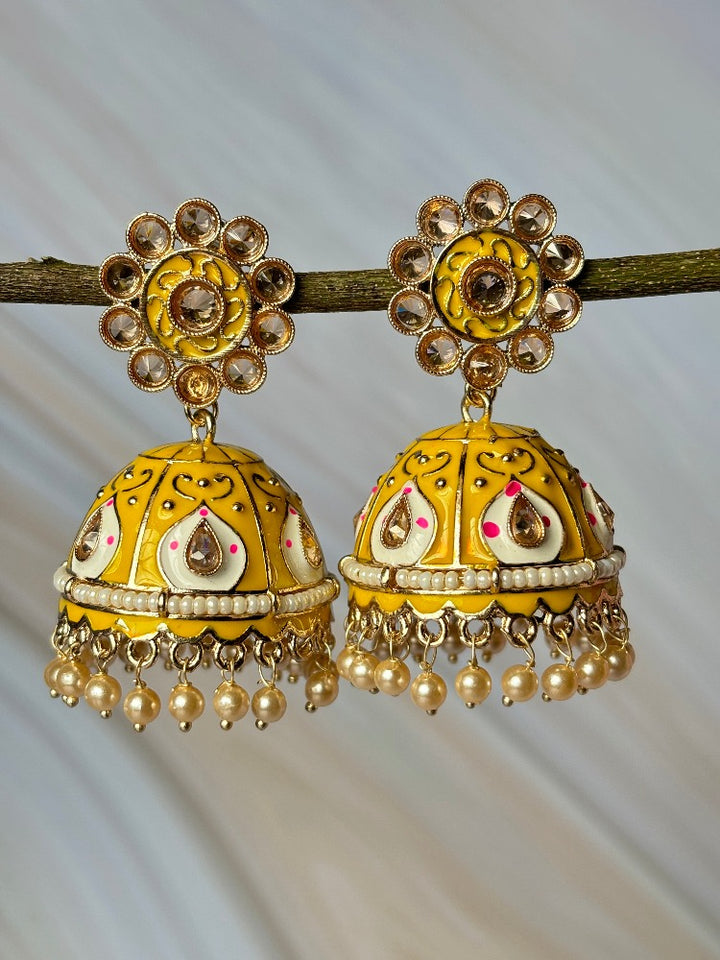 Lemon Yellow Meenakari Jhumkas