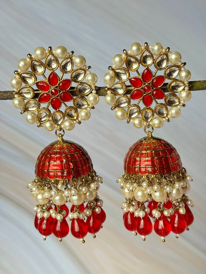 Orange Kundan Pearl Jhumkas