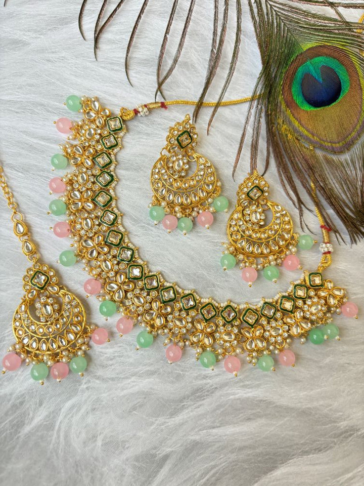 Mint and Pink beaded Kundan Necklace set