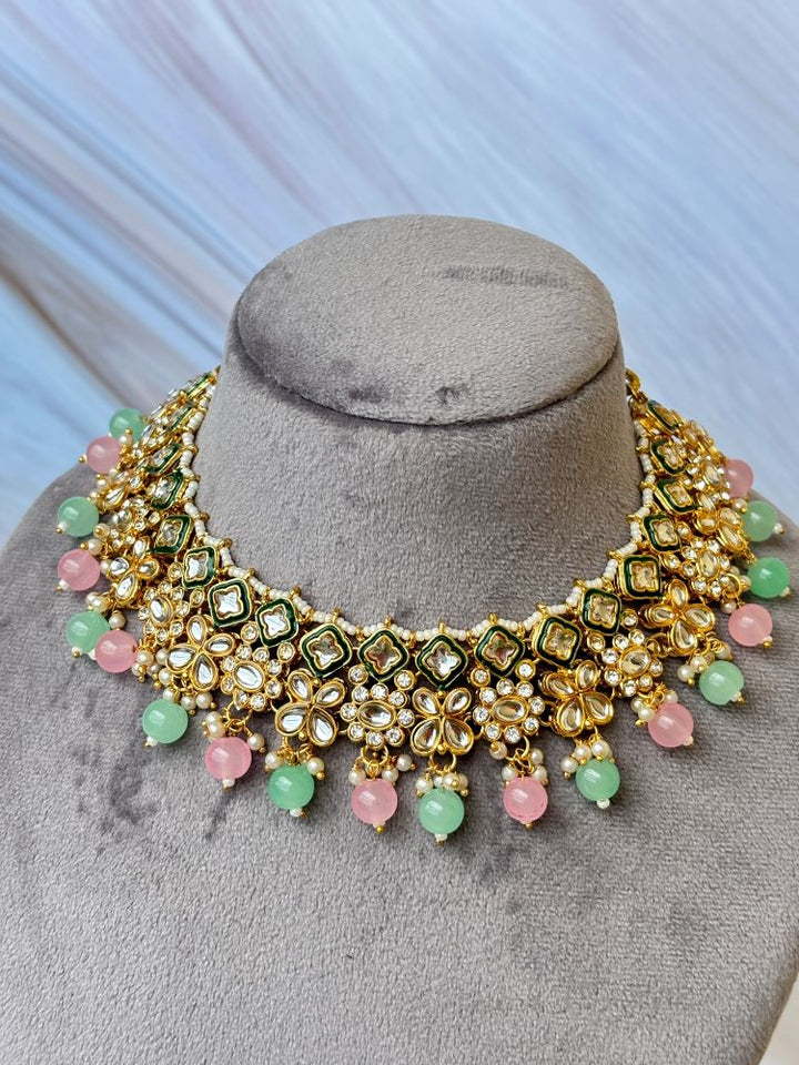 Mint and Pink beaded Kundan Necklace set