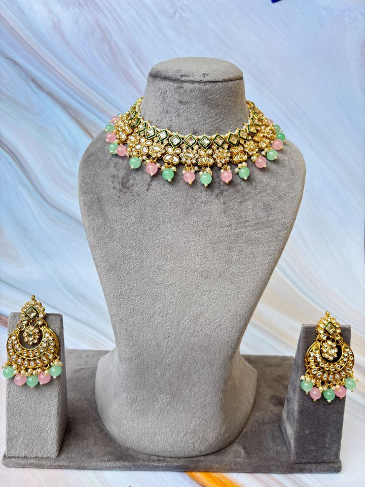 Mint and Pink beaded Kundan Necklace set