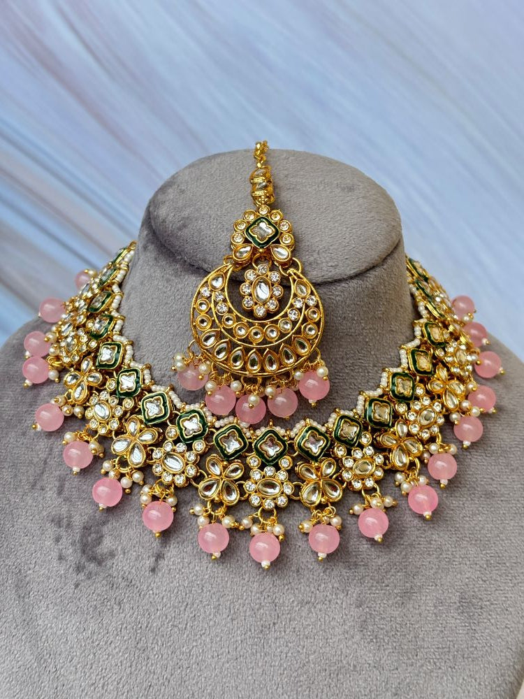 Light pink Beaded Kundan Necklace Set