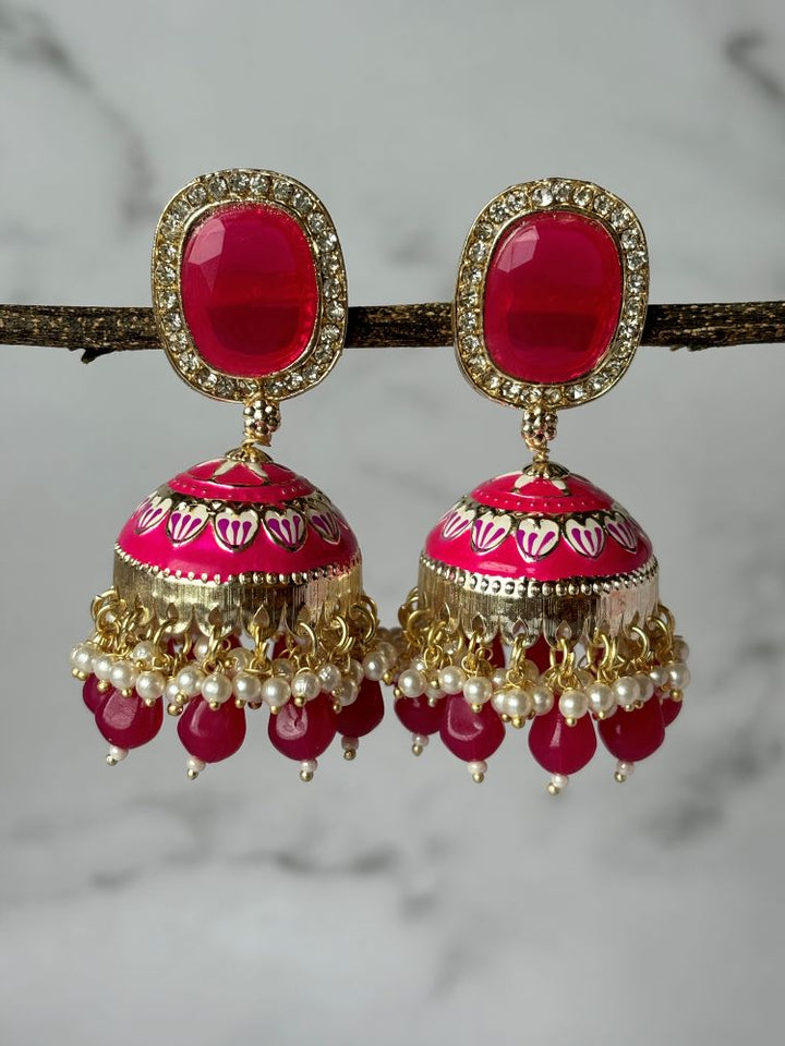 Gulab Pink Meenakari Jhumkis