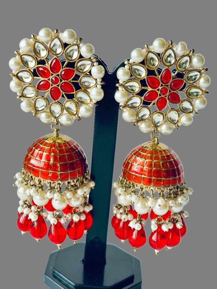 Orange Kundan Pearl Jhumkas